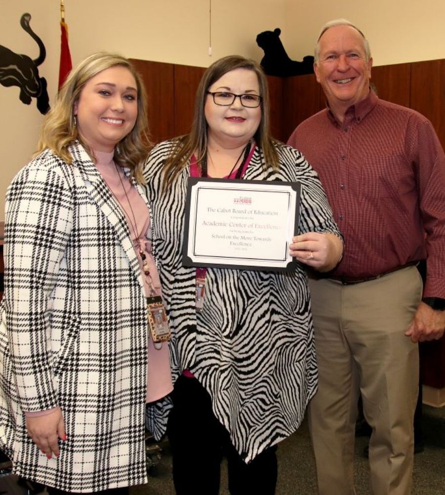 Cabot Panther Academy (ACE) Principal Carrie Lair, Asst. Principal Mallorey Jones, and Cabot School Board President Joe Trusty